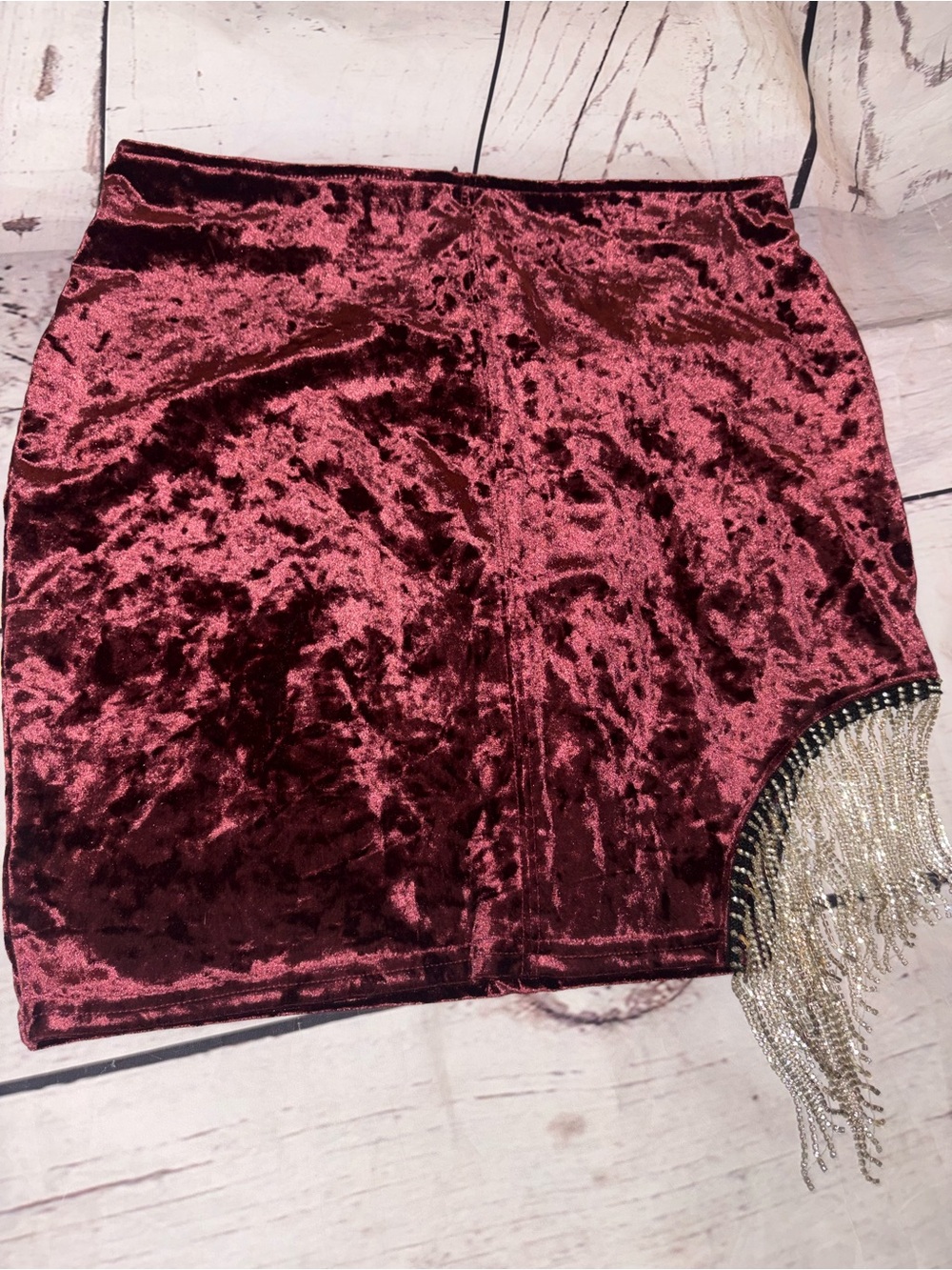 Women’s Say What crushed velvet mini skirt diamond like fringe XL